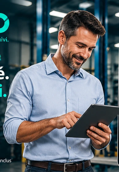 Professionnel en chemise bleue utilisant une tablette dans son garage